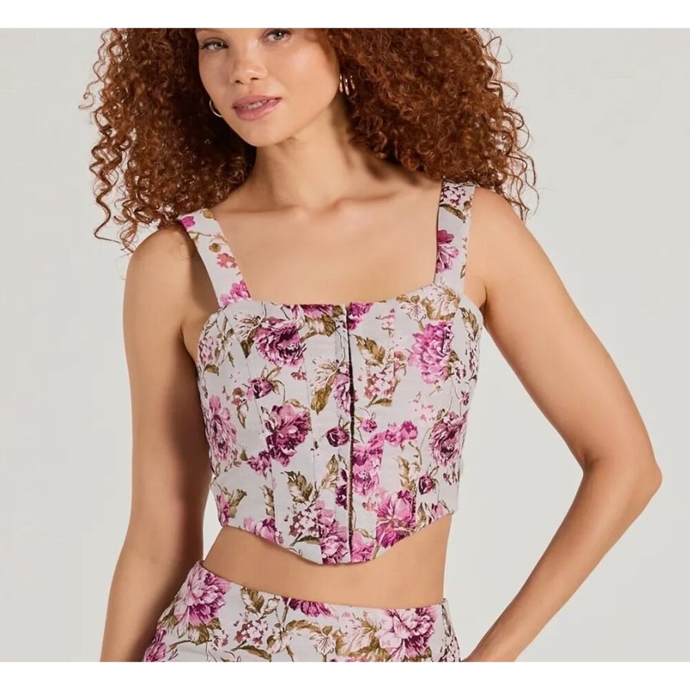 Windsor Easily Beloved Satin Lace-Up Floral Corset Top Size XS Pink Fairy Regal
